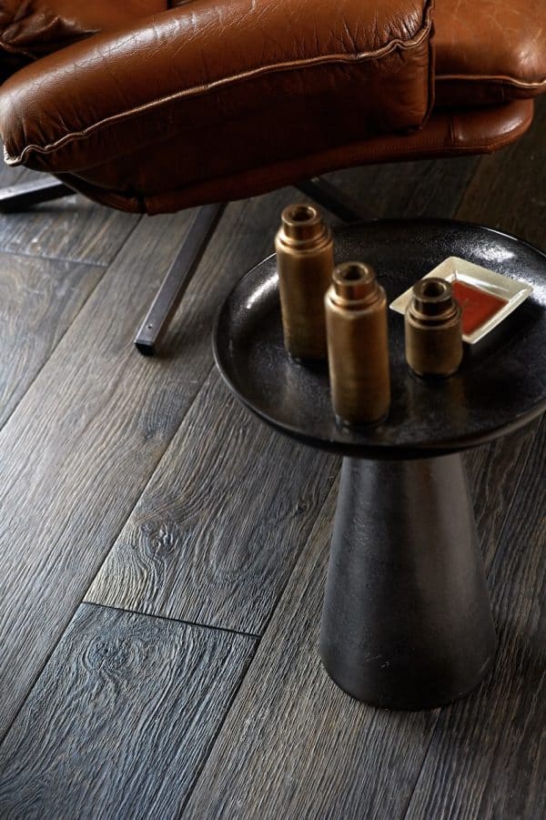 Renaissance N7 oak flooring, featuring XVIII century style heavy brushing and artisanal reactive stain finish, suitable for elegant interior designs.
