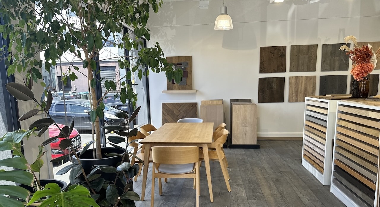 Vienna Woods timber flooring showroom in Newmarket, Auckland, displaying European oak flooring samples.