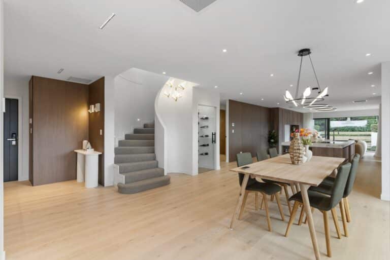 open plan Auckland home with European oak hardwood flooring