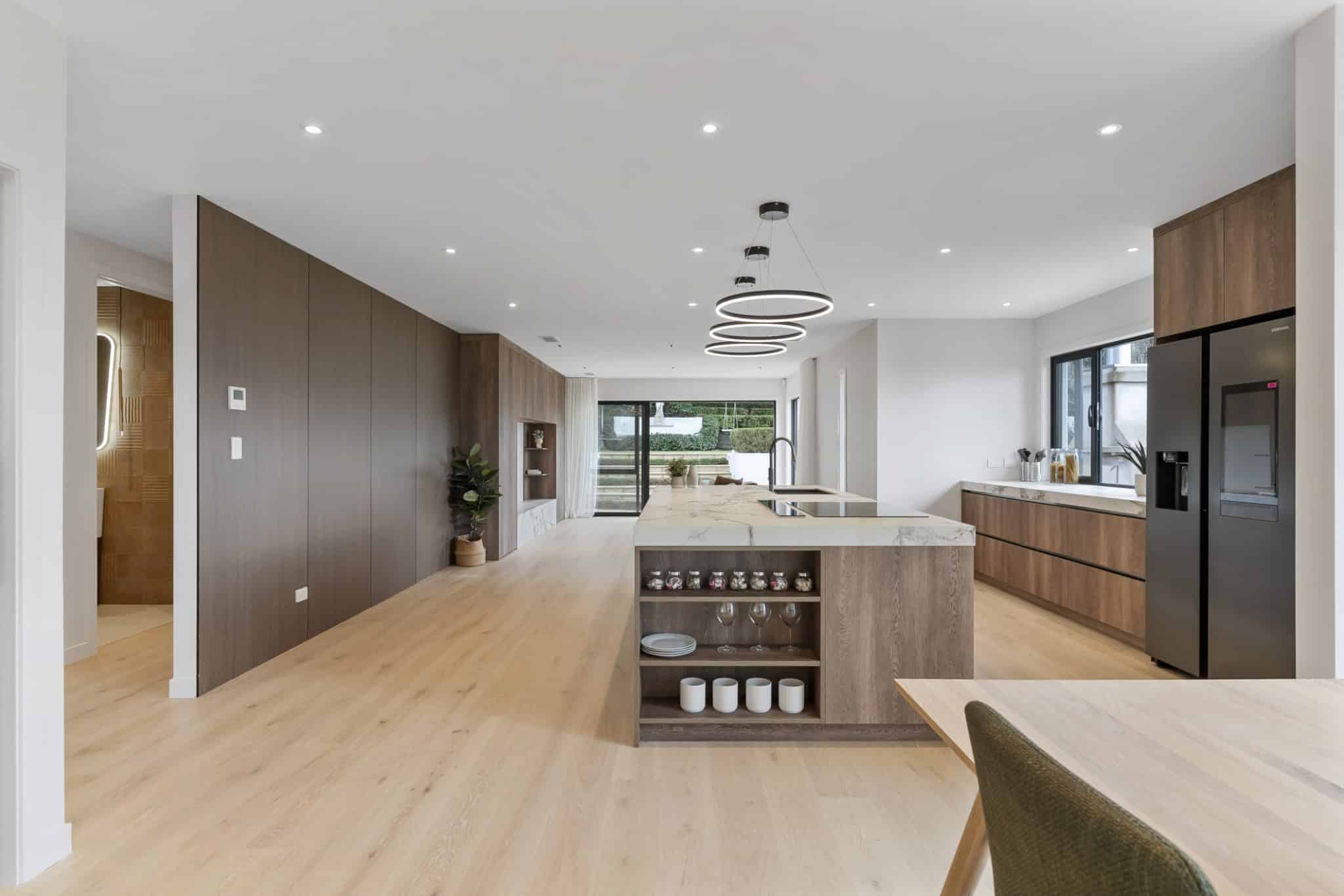 open plan spacious kitchen lifted by oak wood floors