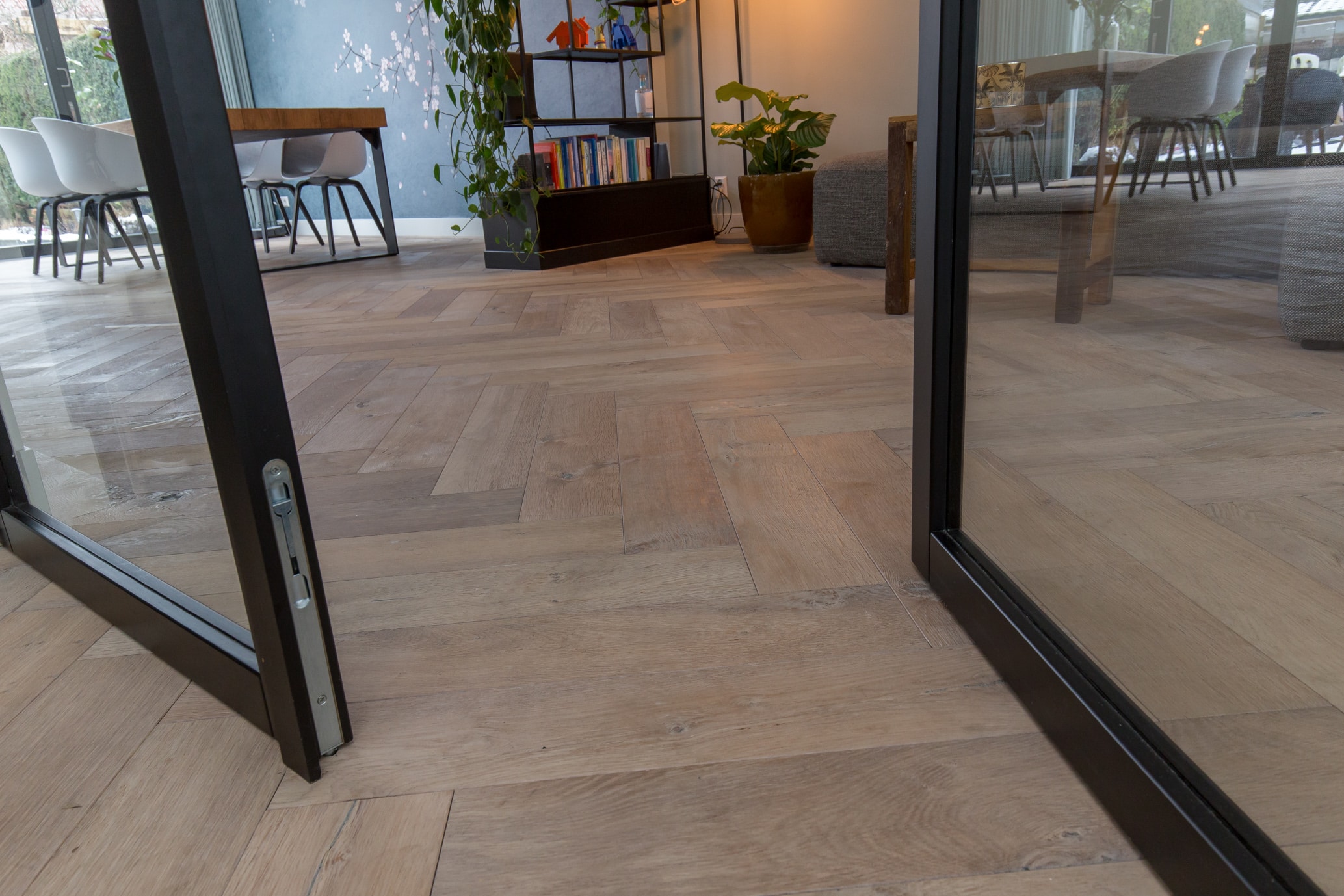 Living area, architectural finishes, rustic textured wood flooring