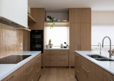Bordeaux European oak timber flooring in Auckland kitchen with timber cabinetry