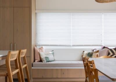 Bordeaux European oak timber flooring in Auckland kitchen and dining with built-in window seat
