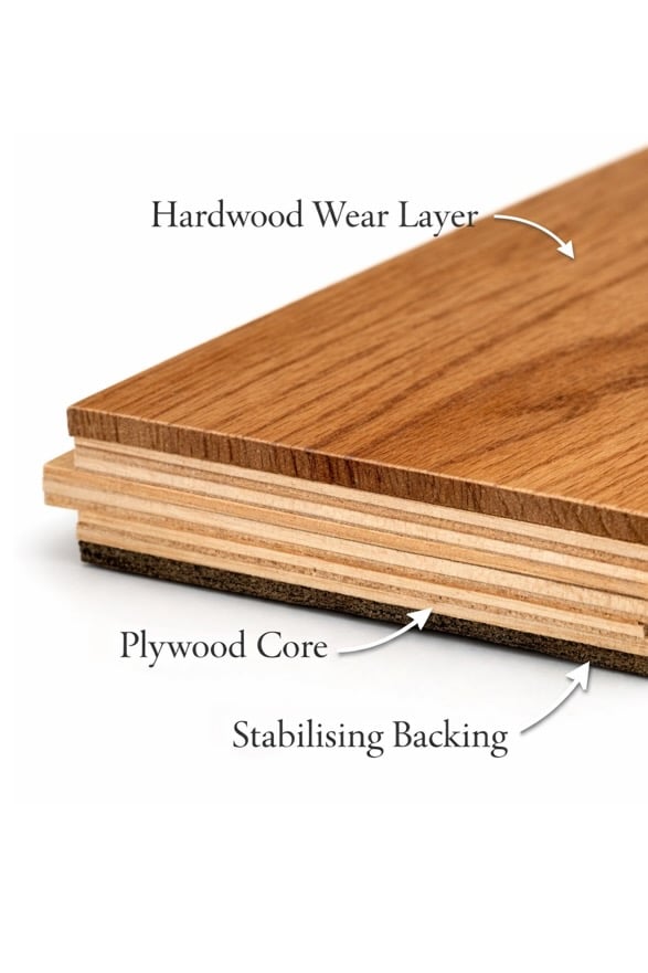 Engineered timber flooring construction showing oak wear layer and multi-layer core
