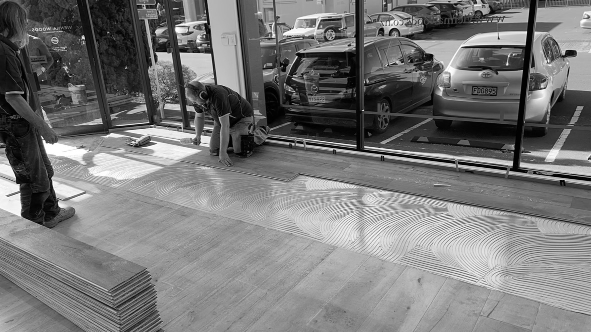 Engineered European oak flooring being installed on a commercial project in New Zealand by Vienna Woods