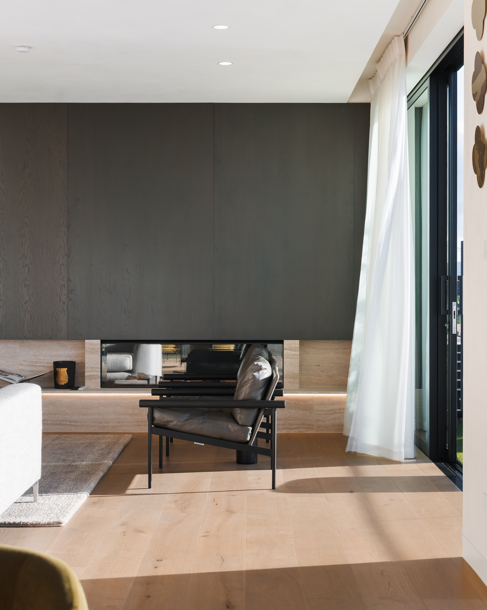 Westwood engineered oak flooring in a living room with full-height curtains, Westmere Auckland.