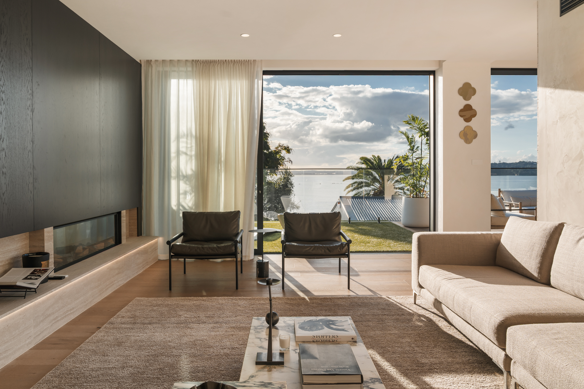 Westwood engineered oak flooring in living room opening to Auckland harbour view, Westmere.
