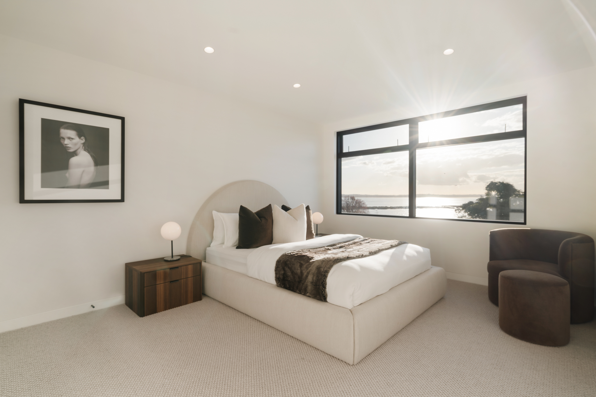 Westwood engineered oak flooring in master bedroom with harbour view, Westmere Auckland.