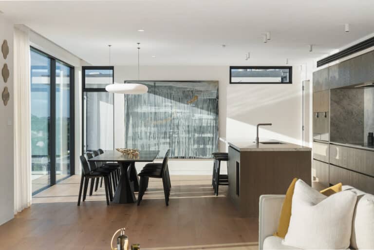 Westwood engineered European oak flooring in an open-plan kitchen and dining area, Westmere Auckland.