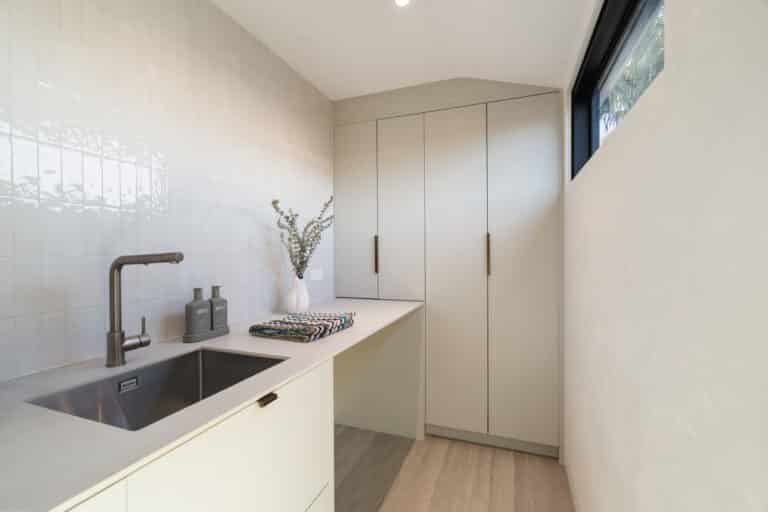 Westwood engineered oak flooring through scullery / butler's pantry, Westmere Auckland.